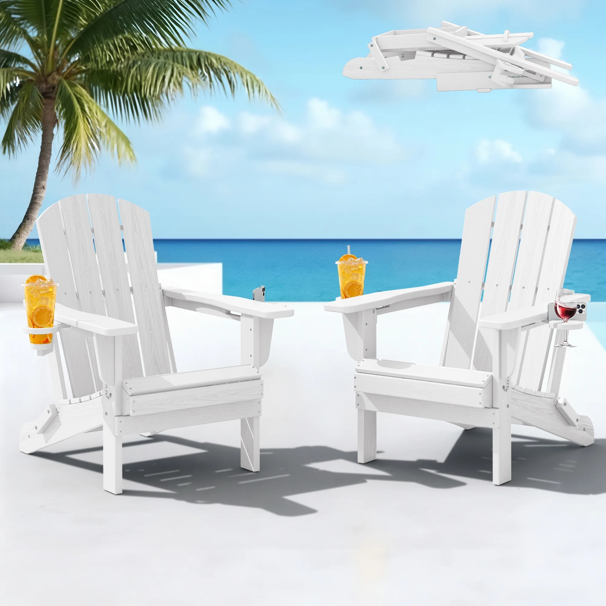 SERWALL Folding Adirondack Chair Set of 2 with Dual Cup Holders & Phone Holder, All-Weather HDPE ... | Walmart (US)