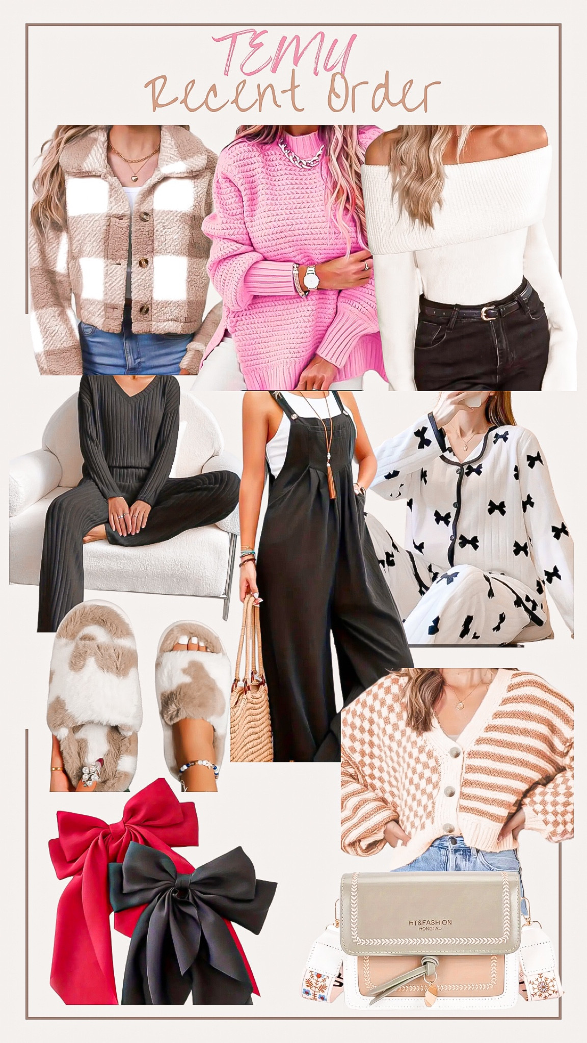 Temu order 📦🛍️

I’ve waiting on my first temu order to arrive but I wanted to share because I know that items do go in and out stock - there is a button to shop similar items if that occurs 

I will share more when my order arrives 

Temu order, temu fashion, teddy coat, white and brown coat, cozy coat, pink sweater , white off shoulder sweater, winter fashion, black two piece set, lounge set, black jumpsuit, bow pajamas, women’s pajamas, slippers, cow print slippers, women’s slippers,  
Neutral sweater, striped sweater, brown and white sweater, hair bows, hair clips, crossbody bag, Womens purse 

#LTKstyletip #LTKMostLoved #LTKfindsunder50