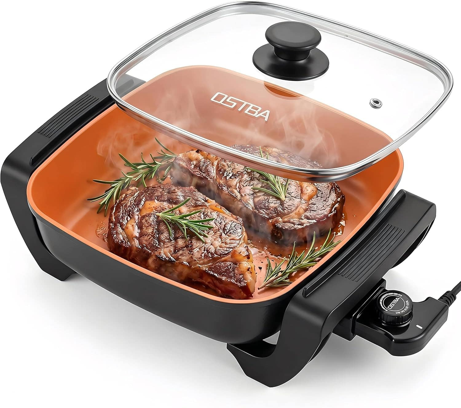 OSTBA - 12"x12" Electric Skillet with Glass Lid, 5.2QT Large Nonstick Frying Pan for Family Meals - Black, Orange | Best Buy U.S.
