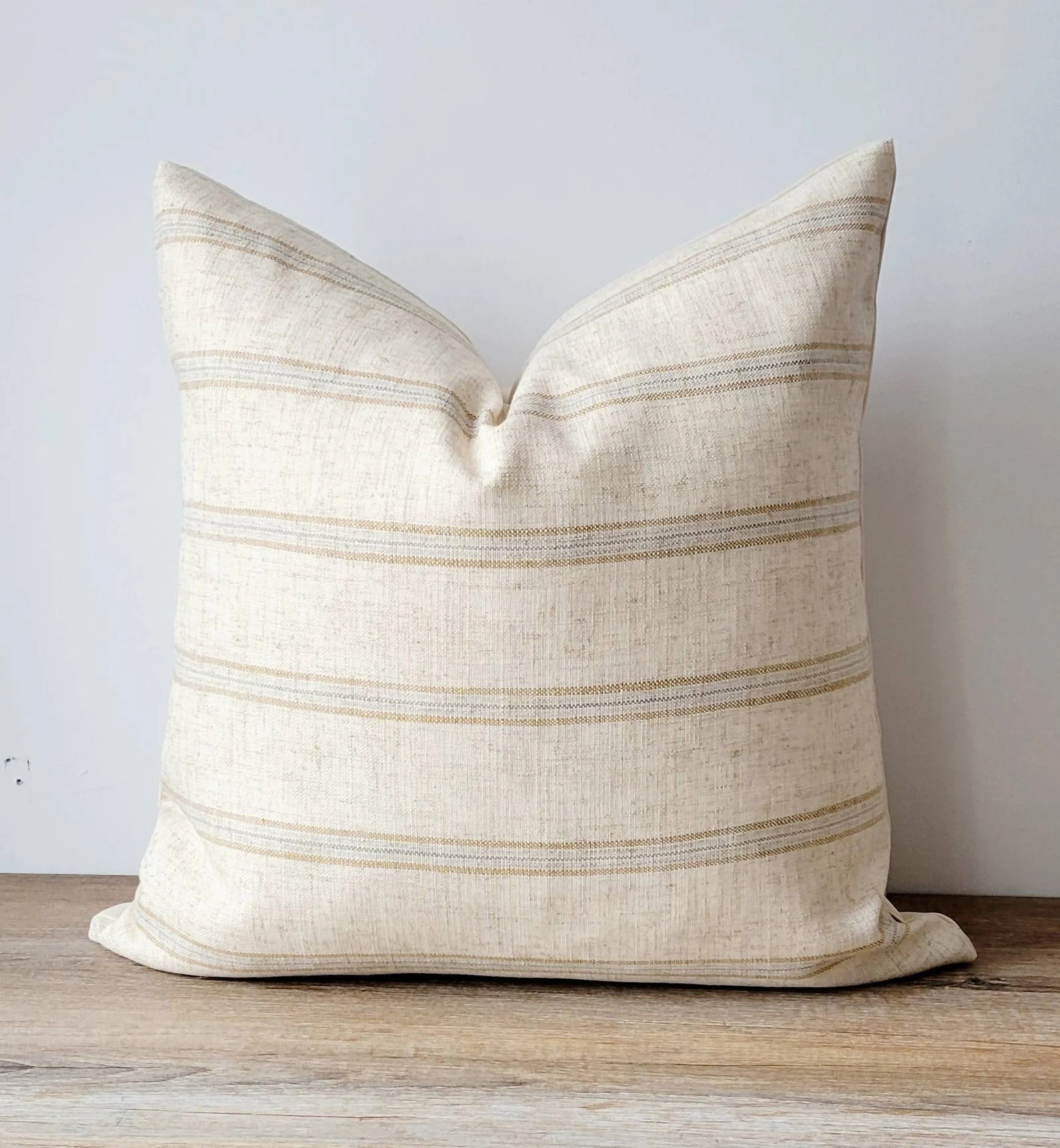 Modern Farmhouse Beige striped pillow, Casual Striped Pillow, beige with tan and blue stripes pil... | Etsy (US)