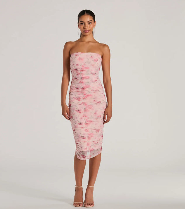 Love And Floral Strapless Mesh Midi Dress | Windsor Stores