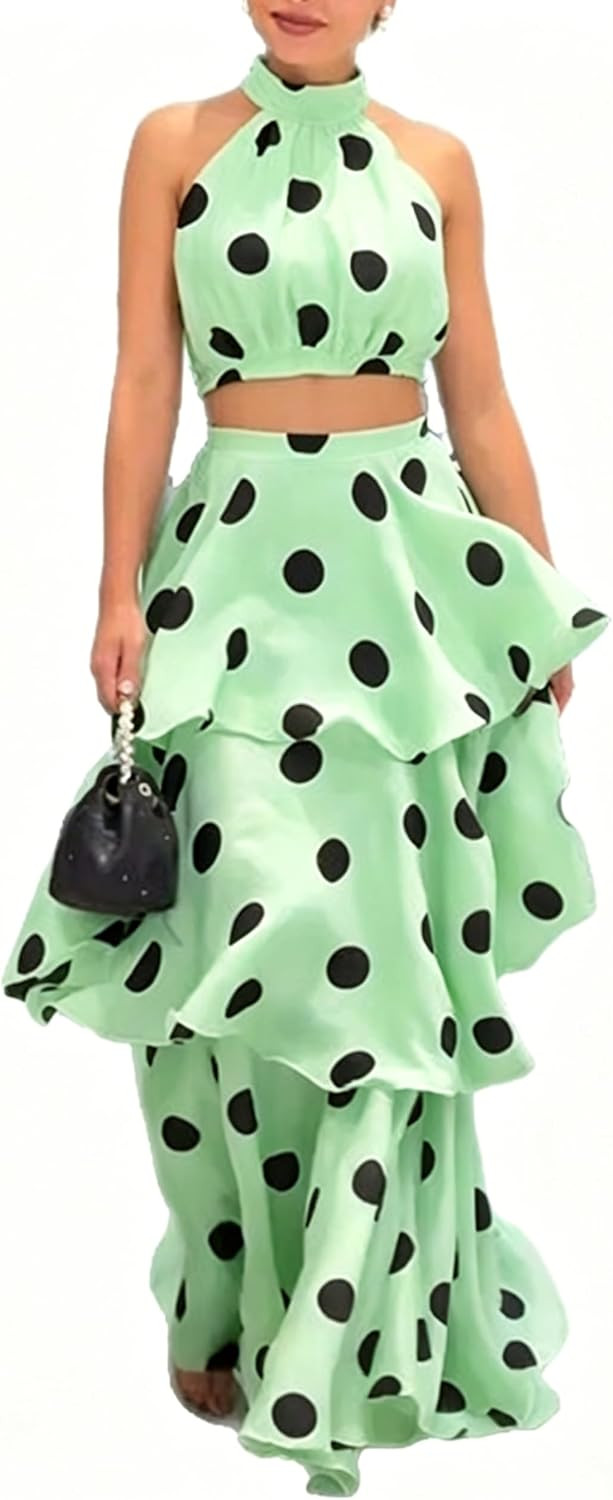 Wuitrie Summer Sexy 2 Piece Skirt Sets for Women Off-Shoulder Crop Top and Tiered A-Line Maxi Skirt Sweet Date Set Polka Dot | Amazon (US)