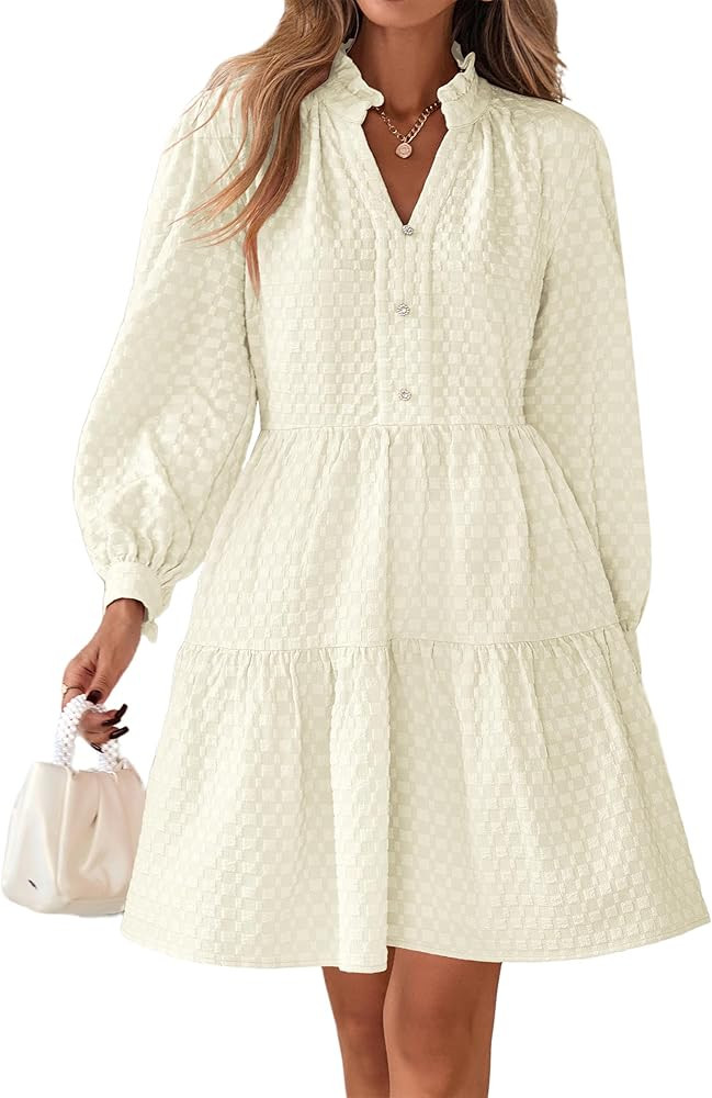 Lazysmile Dresses for Women Long Sleeve V Neck Button Down Ruffled Flowy Fall Casual Babydoll Tun... | Amazon (US)