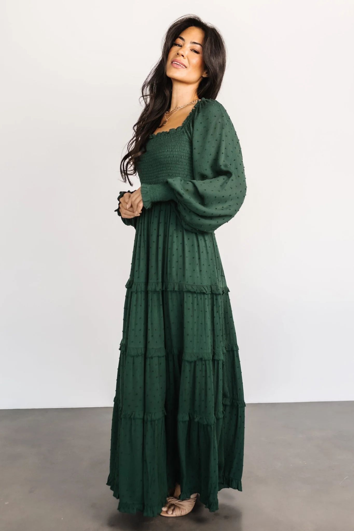 Amanda Smocked Dotted Maxi Dress | Evergreen | Baltic Born