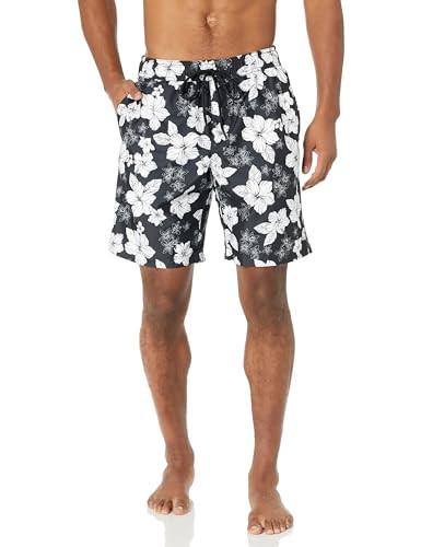 Amazon Essentials Men's 9" Swim Trunks with Mesh Lining, Pockets, Drawstring Closure, Black Hibiscus Flower, X-Large | Amazon (US)