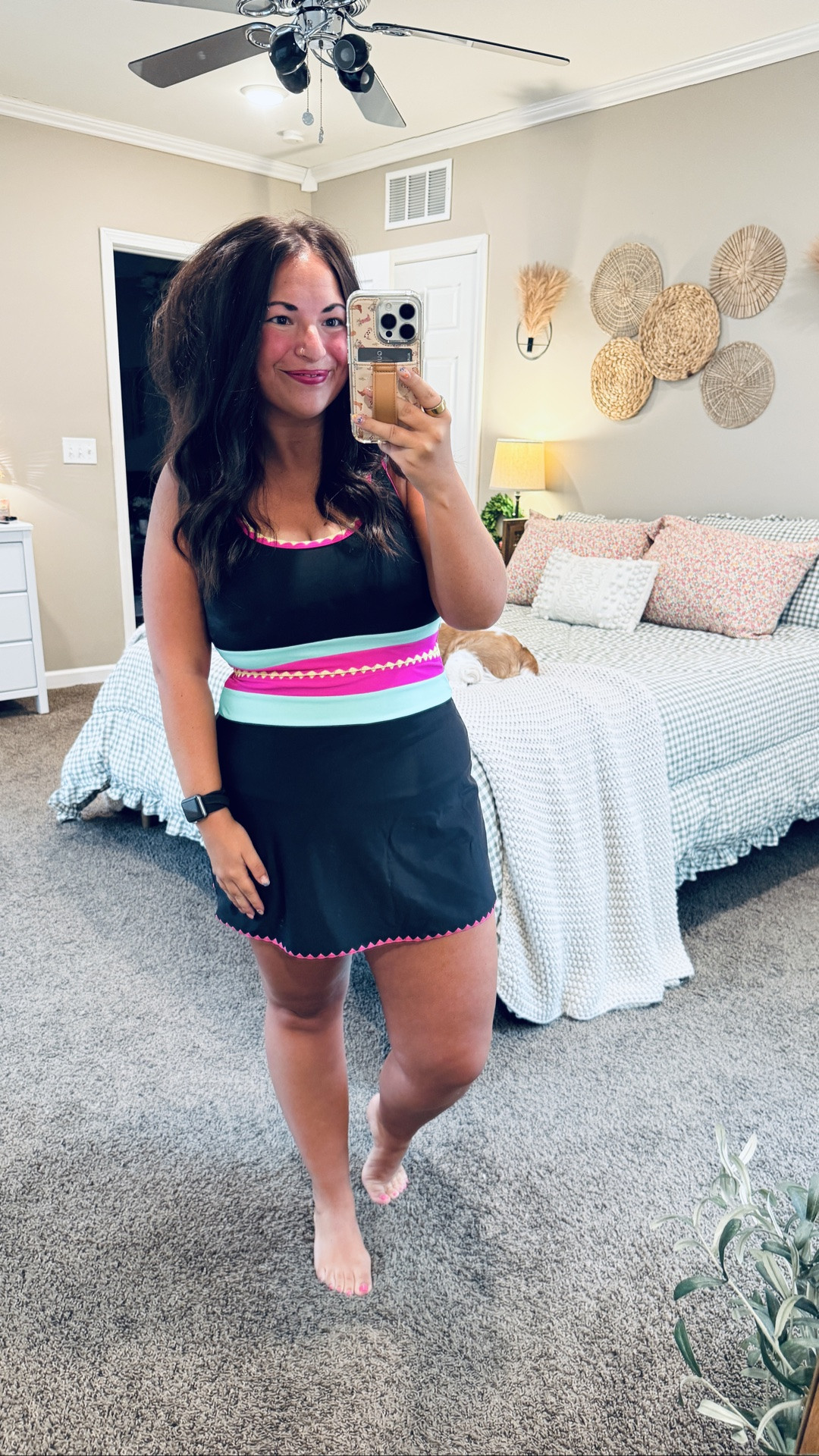 Neon + black is such a fun combo! 🩷🖤☀️ I love the bright pops of color on this swimsuit! It fits true to size (I'm wearing a large), has adjustable straps, offers great full coverage, & even comes with a matching swim skirt. Plus, there are tons of other color options to choose from! 🌊✨ 

 #amazonfinds #swimstyle #summeroutfit #amazonfashion #vacationstyle #swimsuitseason #LTKootd #LTKSeasonal #LTKMidsize