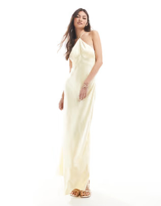 Six Stories Bridesmaid halter neck satin maxi dress in lemon | ASOS (Global)