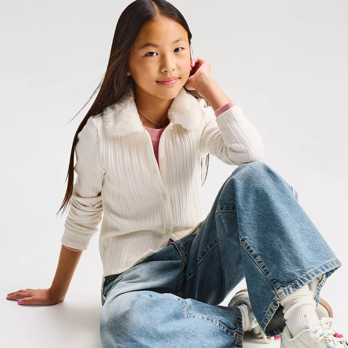 Girls' Faux Fur Collared Ribbed Knit Cardigan - Cat & Jack\u2122 Cream XL | Target