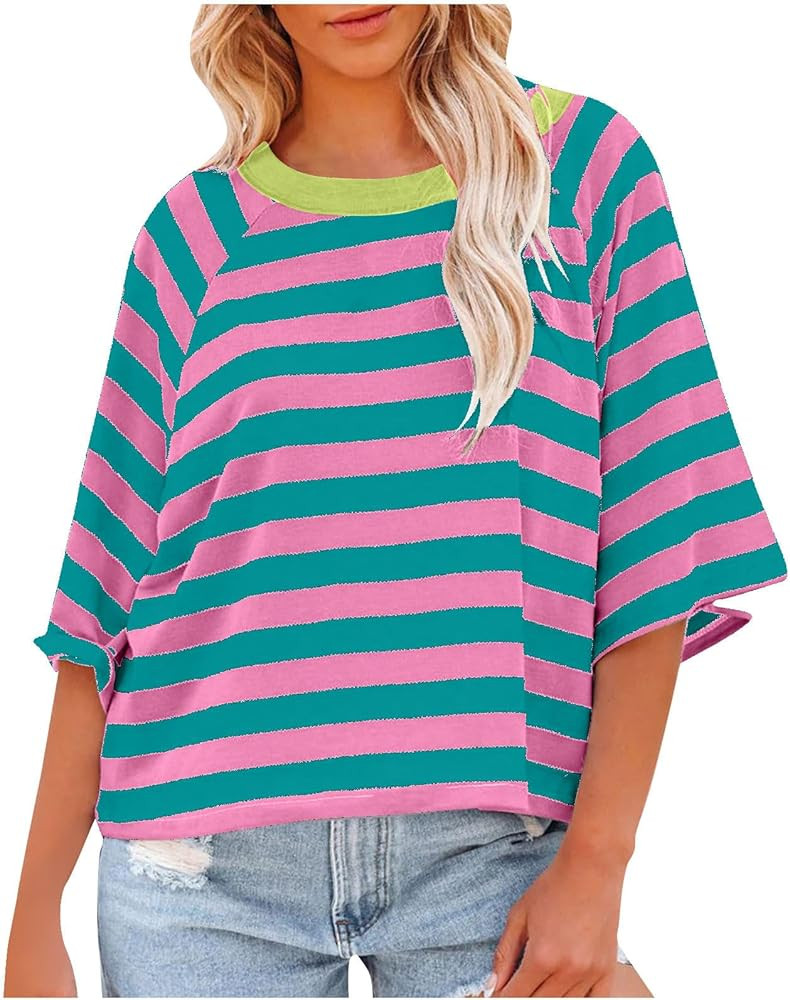 Women Striped Color Block T-Shirts Oversized Baggy Crew Neck Basic Cotton Preppy Shirt 3/4 Sleeve... | Amazon (US)