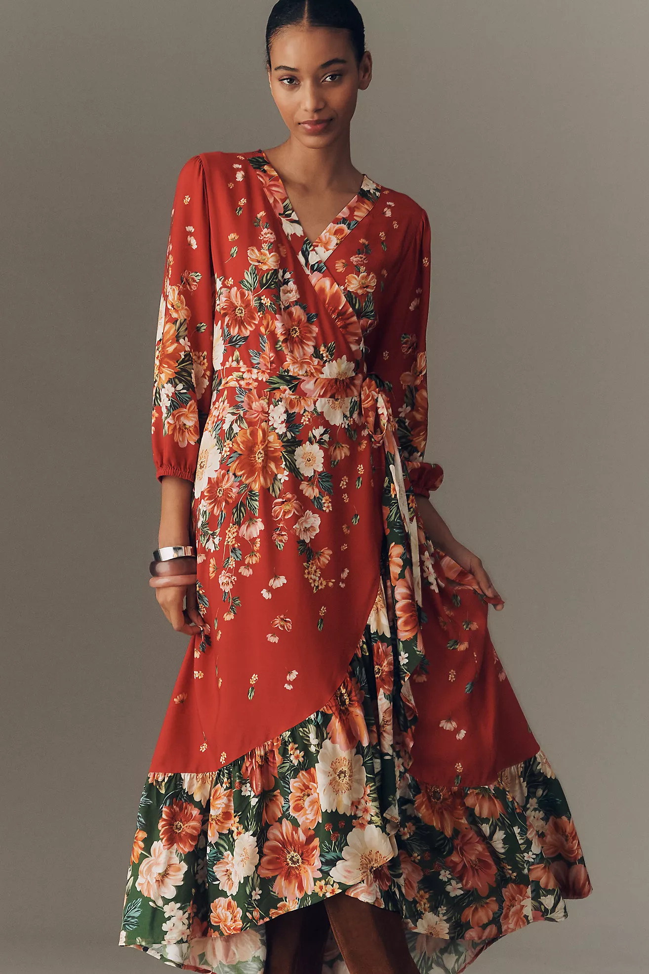 Farm Rio Long-Sleeve Floral Wrap Midi Dress | Anthropologie (US)