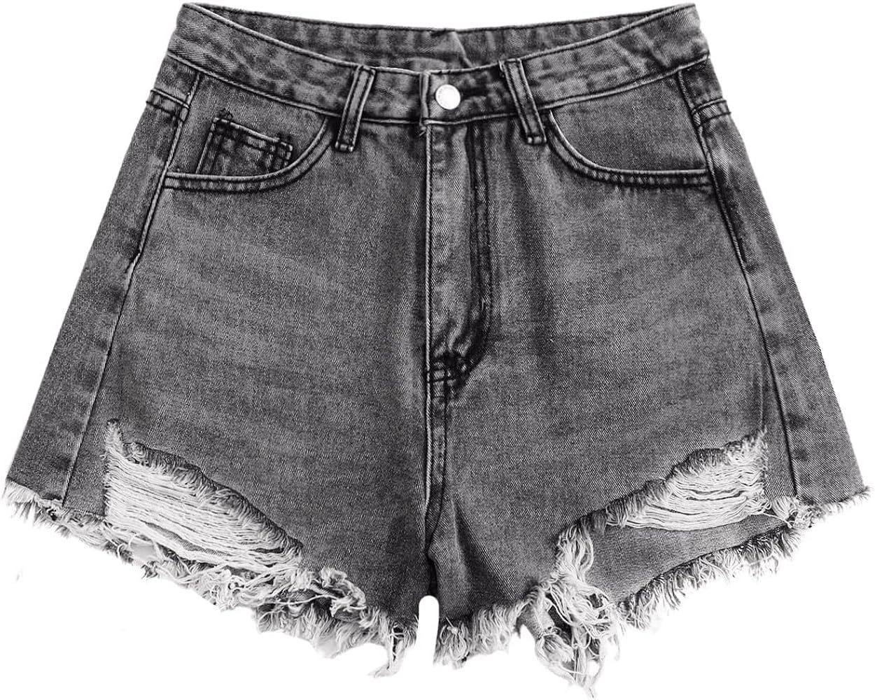 SweatyRocks Women's High Waist Denim Shorts Ripped Raw Hem Jean Shorts Casual Summer Hot Pants wi... | Amazon (US)