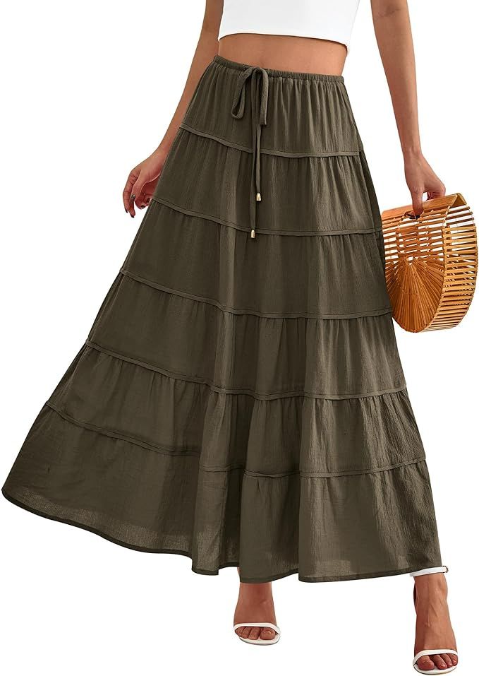 BTFBM Women Summer Maxi Skirt Drawstring Elastic Mid-Waist Cotton Boho Beach Dress Tiered Flowy L... | Amazon (US)