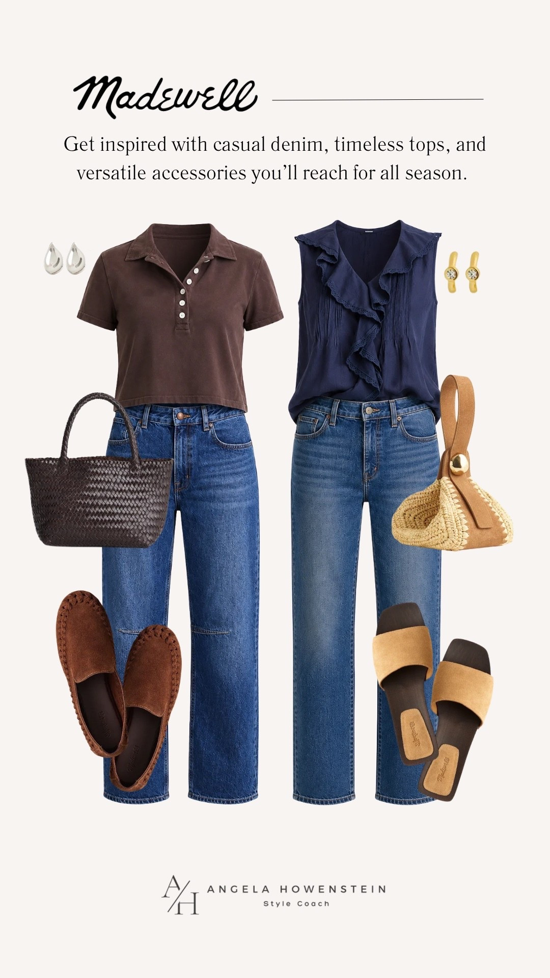 Madewell makes everyday dressing so easy. These are two different Madewell outfits featuring two flattering styles of jeans, one paired with a brown polo and woven loafers, the other with a feminine ruffle blouse and slide sandals. Which look is your favorite?

👩‍💻 LTK PRO TIPS
❤️ Heart = Support my posts ;-)
🔖 Save = Get sale & restock alerts for the things you love!
📋 Lists = Keep favorites organized (List ideas: Christmas, Birthdays, and Vacations!)
📲 Share = Send lists and products to a friend (or your daughters like me).
💬 Comment = Ask me anything, and I’ll answer. ;-)

#LTKootd #LTKOver40 #LTKSaleAlert