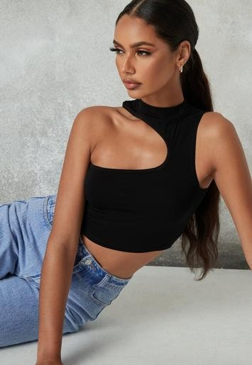 Black Grown On Neck Cut Out Asymmetric Top | Missguided (US & CA)
