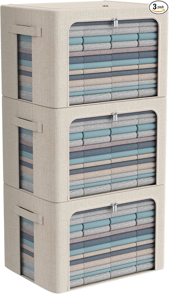 3Pack Foldable Storage Bins - Frame Storage Box Linen Fabric Stackable Clothes Container Organize... | Amazon (US)