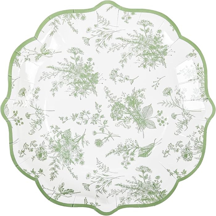 Sage Green Floral Party Plates White Green Toile Disposable Paper Plates Flower Leaf 9" Scalloped... | Amazon (US)