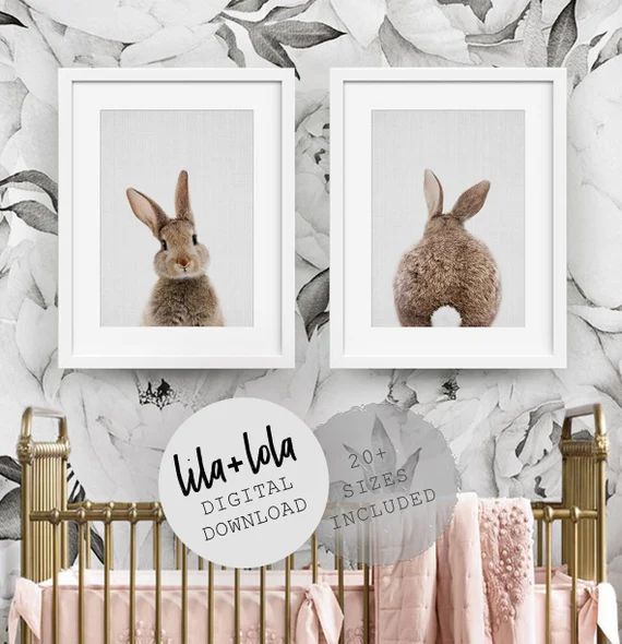 Nursery Wall Art Decor, Bunny Rabbit, Nursery Animal Prints, Printable Digital Download, Set of 2, I | Etsy (US)