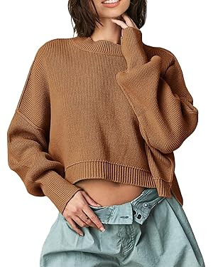 Saodimallsu Womens Oversized Cropped Sweaters Long Batwing Sleeve Crew Neck Pullover Ribbed Knit ... | Amazon (US)