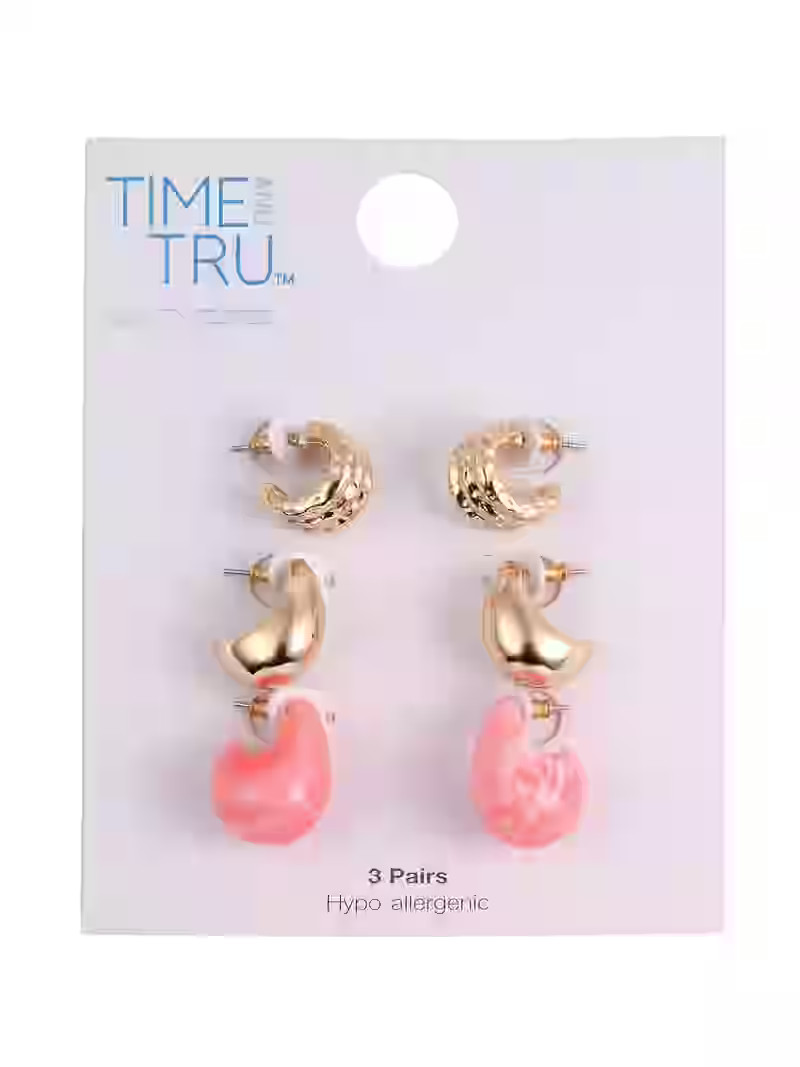 Time and Tru Women's Gold-Tone Metal and Milky Coral Acrylic C-Hoop Earring Set, 3-Piece | Walmart (US)