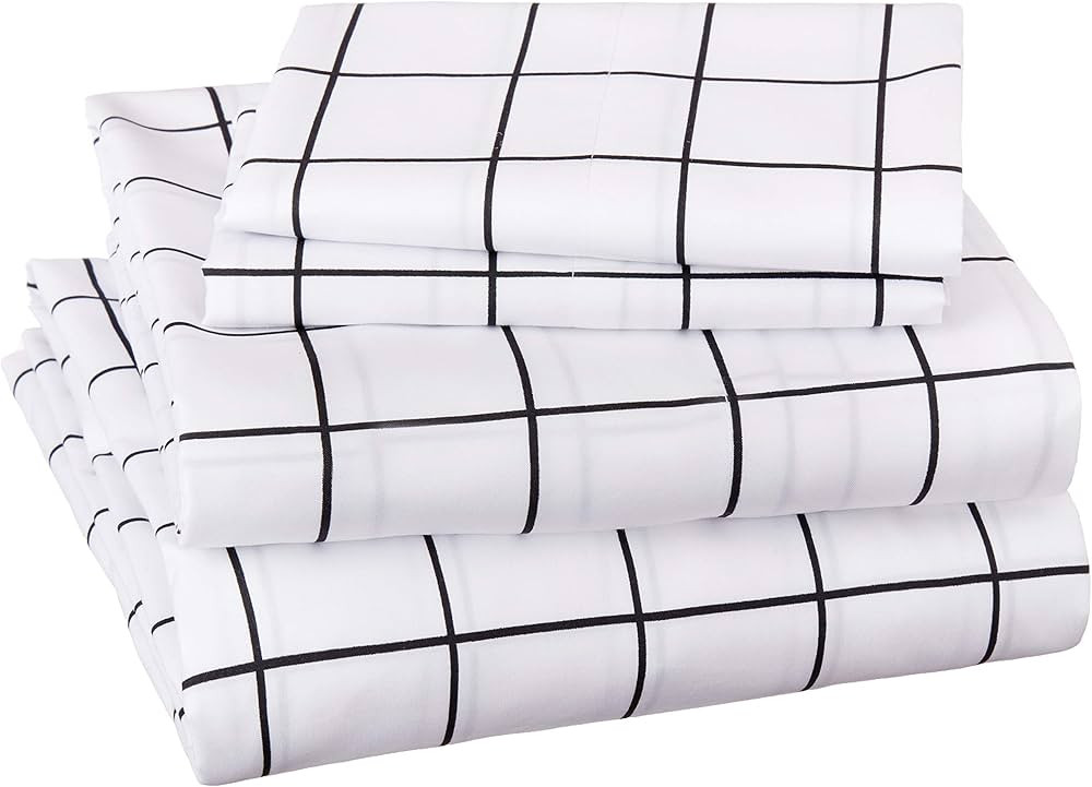 Amazon Basics Soft Microfiber Sheet Set with Elastic Pockets - Queen, Black Grid | Amazon (US)