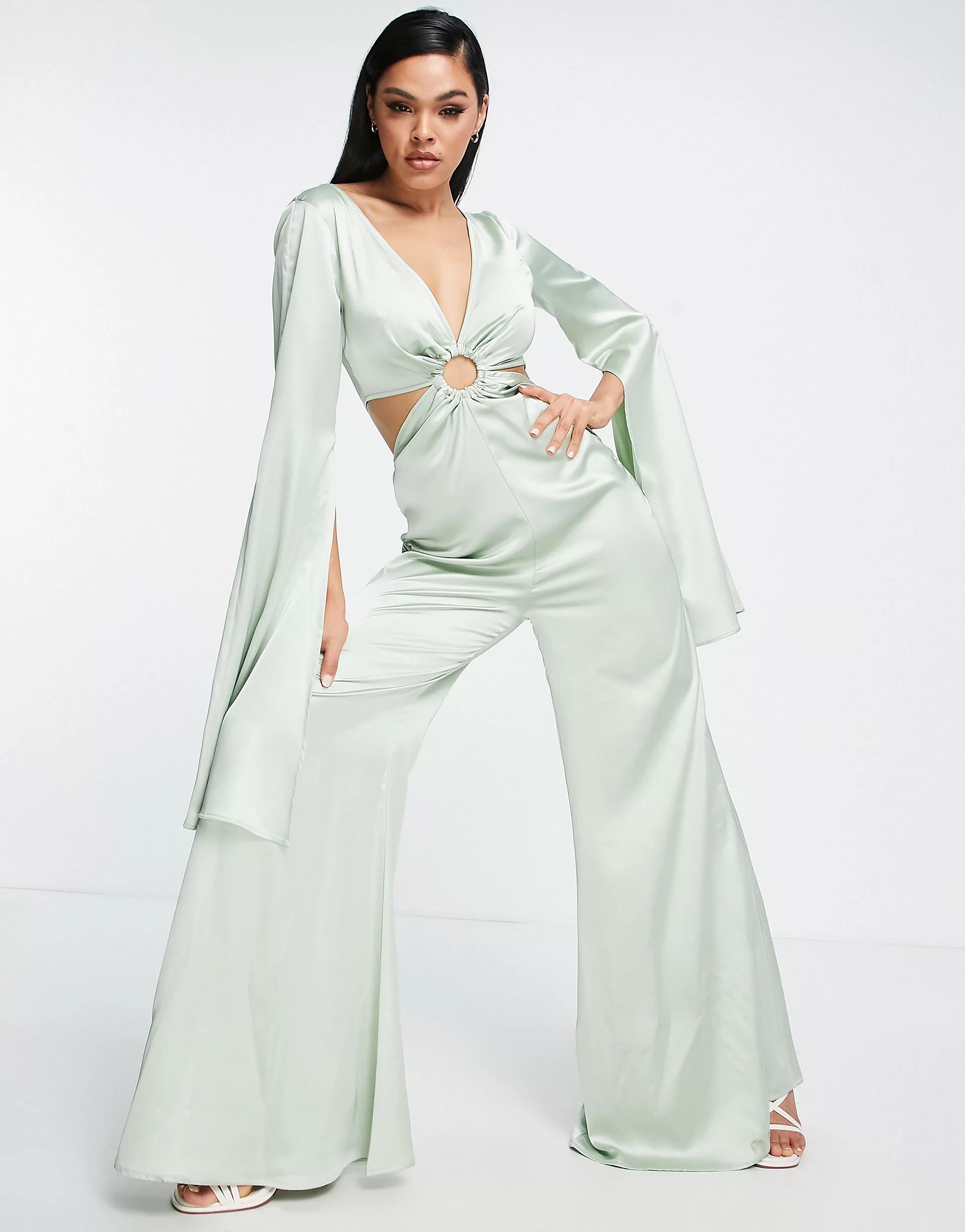 ASOS DESIGN satin ring detail cut out extreme flare sleeve jumpsuit in sage | ASOS (Global)