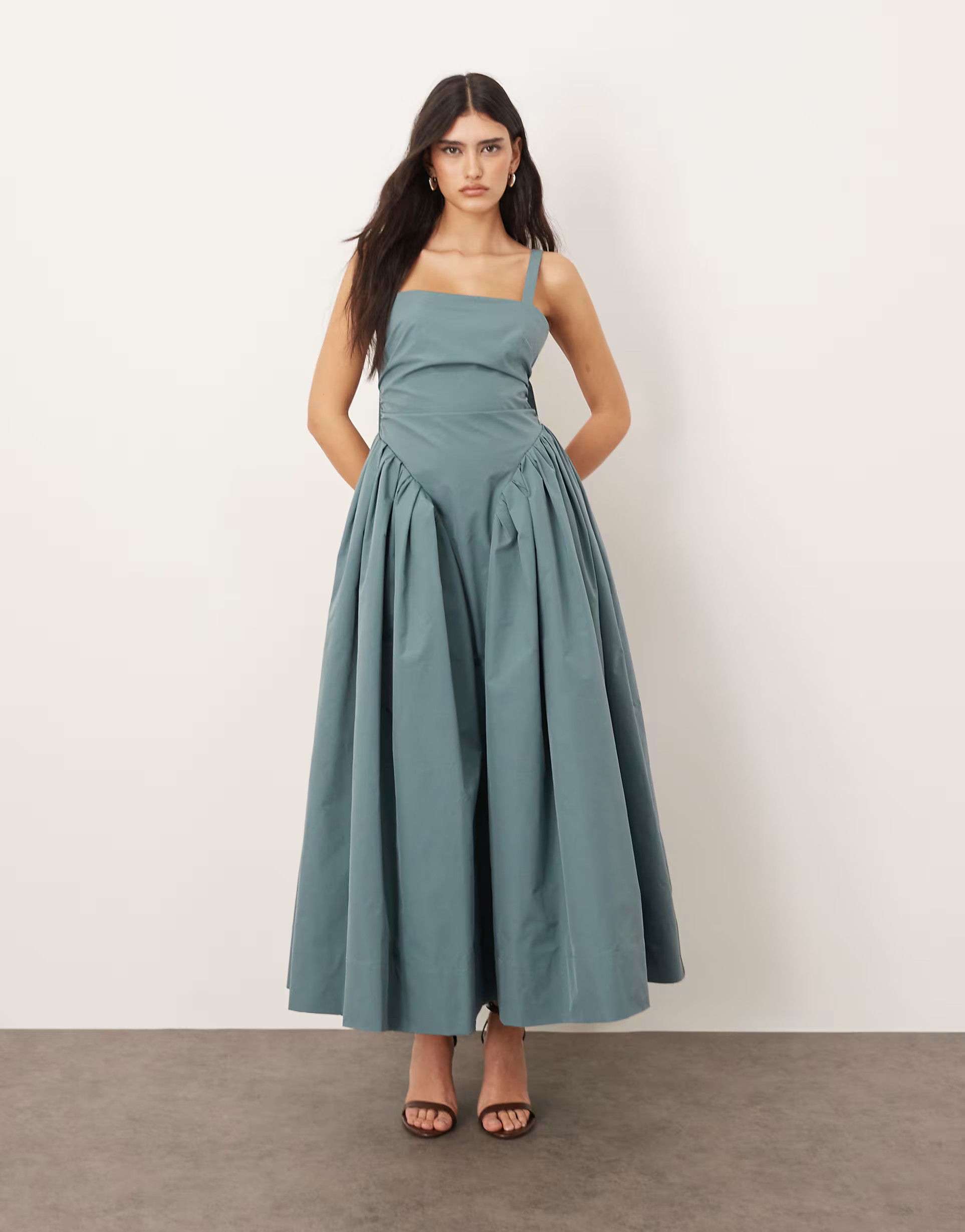 ARRANGE strappy ruched bodice full skirt maxi dress in dusky blue | ASOS (Global)