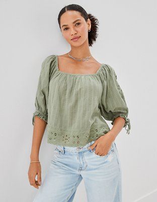 AE Wide Neck Puff-Sleeve Blouse | American Eagle Outfitters (US & CA)