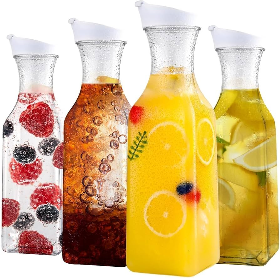 Set of 4 Plastic Carafe with Lid, 50 Oz Carafes for Mimosa Bar, Square Base Juice Containers, Wat... | Amazon (US)