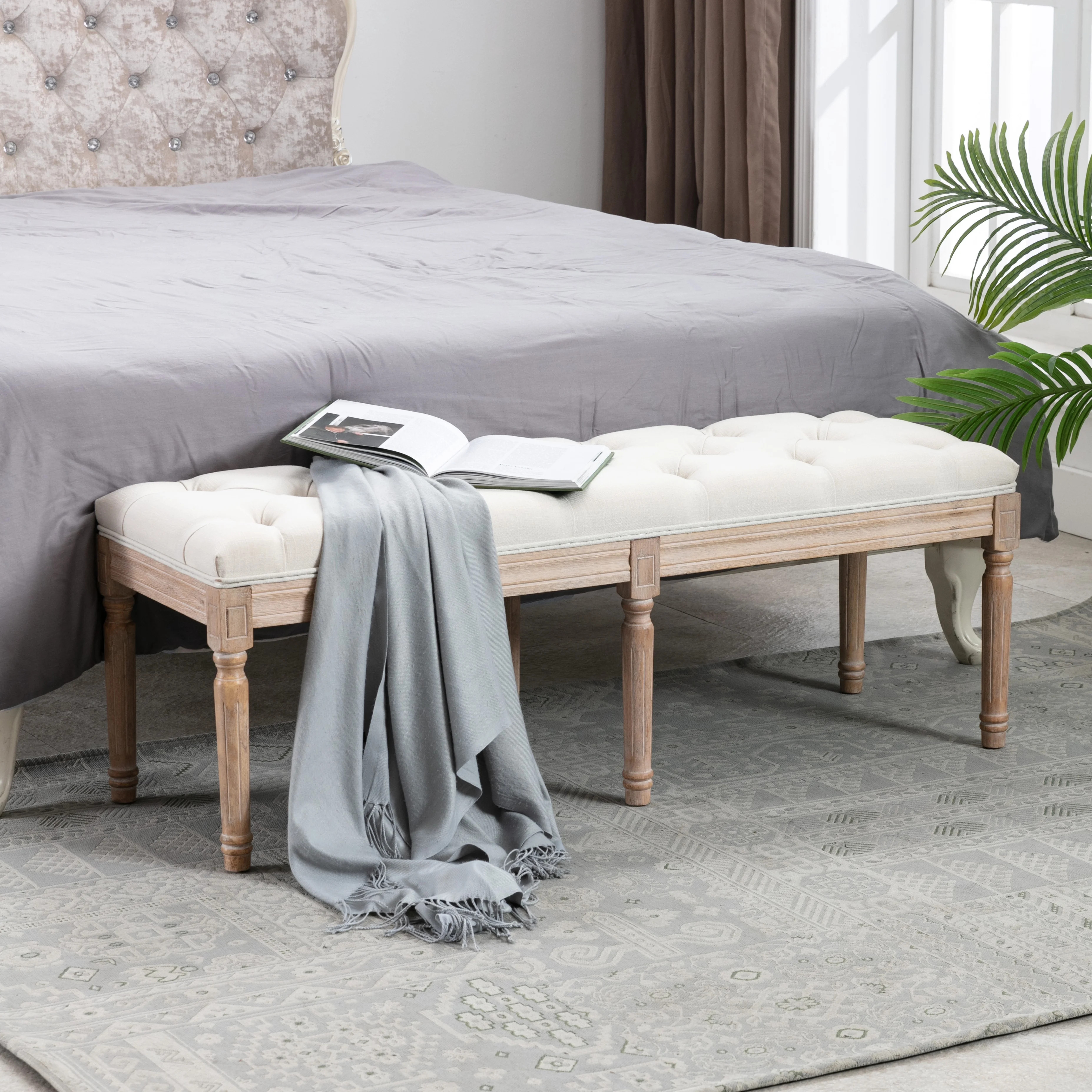 Upholstered Button-Tufted Bench, SYNGAR Modern Beige Fabric Ottoman Bench, Bedroom Footrest End o... | Walmart (US)