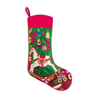 Holiday Rocking Horse Embroidered Needlepoint Stocking | Birch Lane