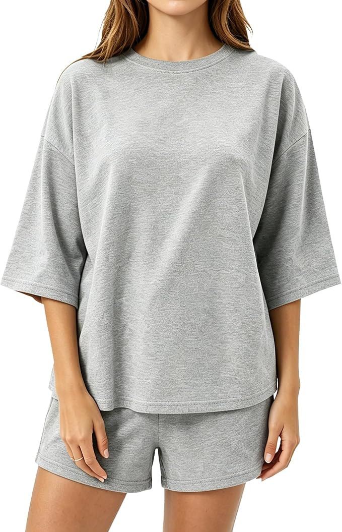 Cotton Pajamas for Women Set, 3/4 Sleeve Top & Shorts Oversized Lounge Set Summer Sleepwear 2 Pie... | Amazon (US)