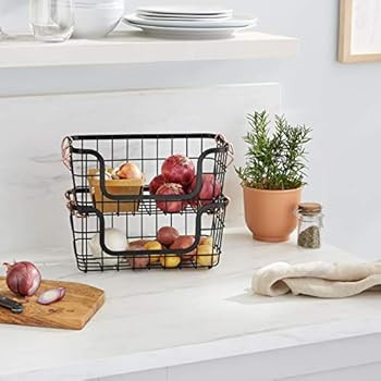 Amazon Basics Stackable Metal Wire Storage Basket Set for Kitchen or Bathroom - Black/Rose Gold | Amazon (US)