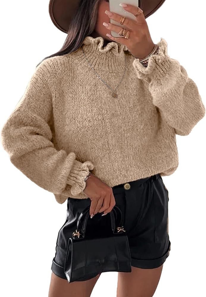 Simplee Womens Oversized Long Sleeve Fall Sweaters Ruffle Turtleneck Chunky Knit Sweater Casual W... | Amazon (US)