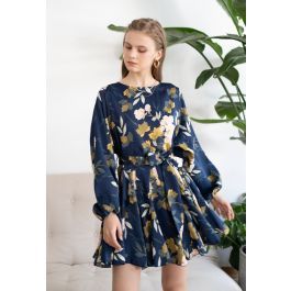 Navy Floral Printed Bubble Sleeves Frilling Dress | Chicwish
