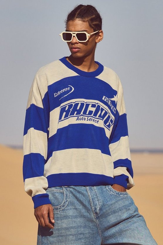 Oversized Boxy Drop Shoulder Moto Knit Jumper | boohooMAN (US & Canada)