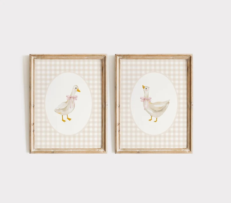 Goose Nursery Print Set, Vintage Goose Nursery Art, Baby Girl Nursery, Duck Gingham Nursery Decor... | Etsy (US)