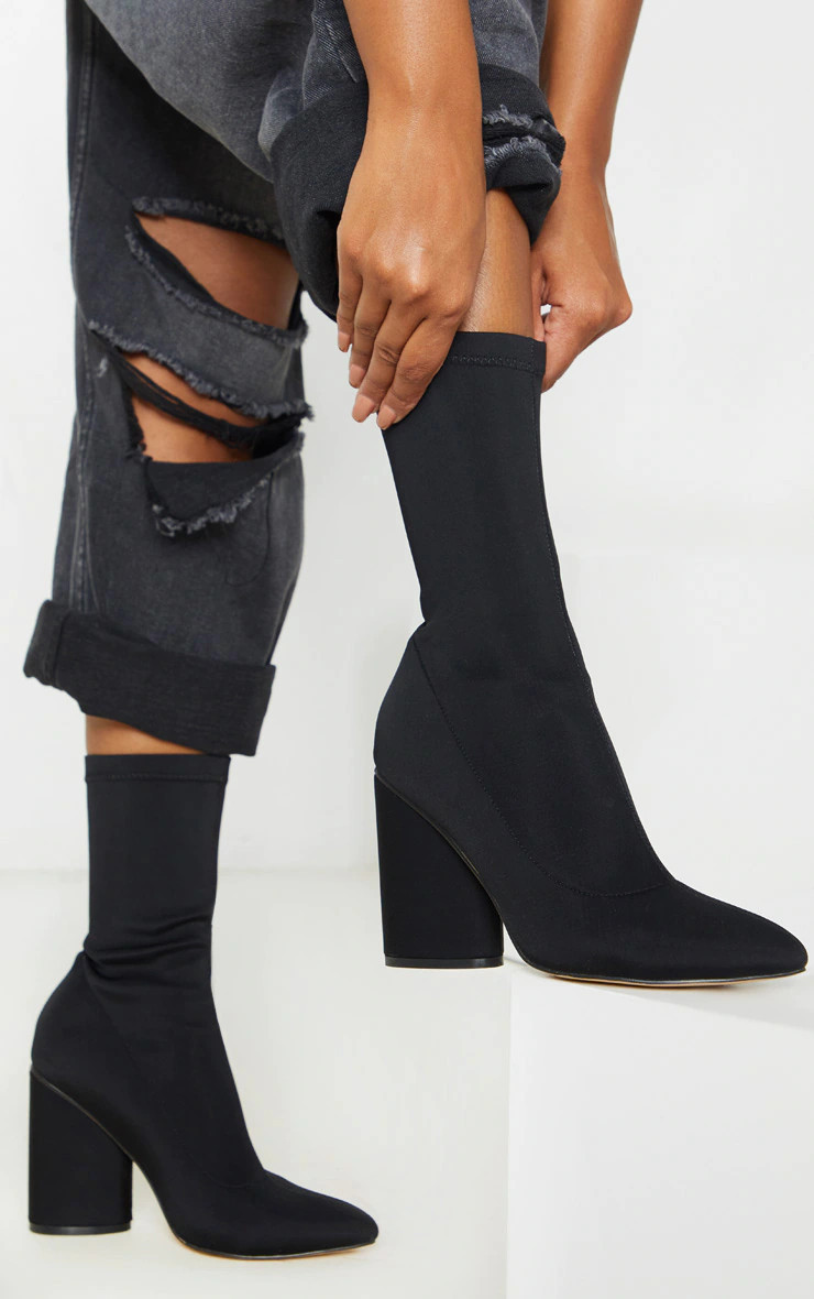 Black Chunky Block Heel Sock Boot | PrettyLittleThing US