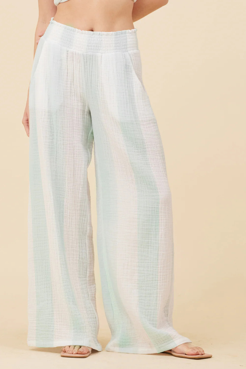 Mint & White Cabana Stripe Gauze Smocked Waist Pants | Vintage Havana