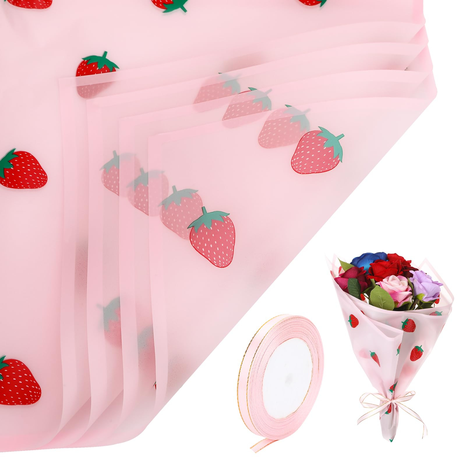 20 Sheets Flower Wrapping Paper, Matte Florist Strawberry Flower Bouquet Wrapping Paper With Ribb... | Amazon (US)