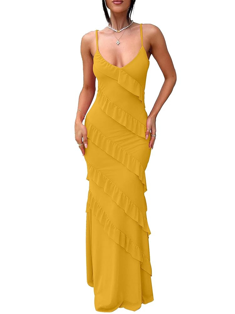HOCILLE Women's Sexy V Neck Bodycon Spaghetti Strap Elegant Ruffle Maxi Cocktail Party Dresses | Amazon (US)