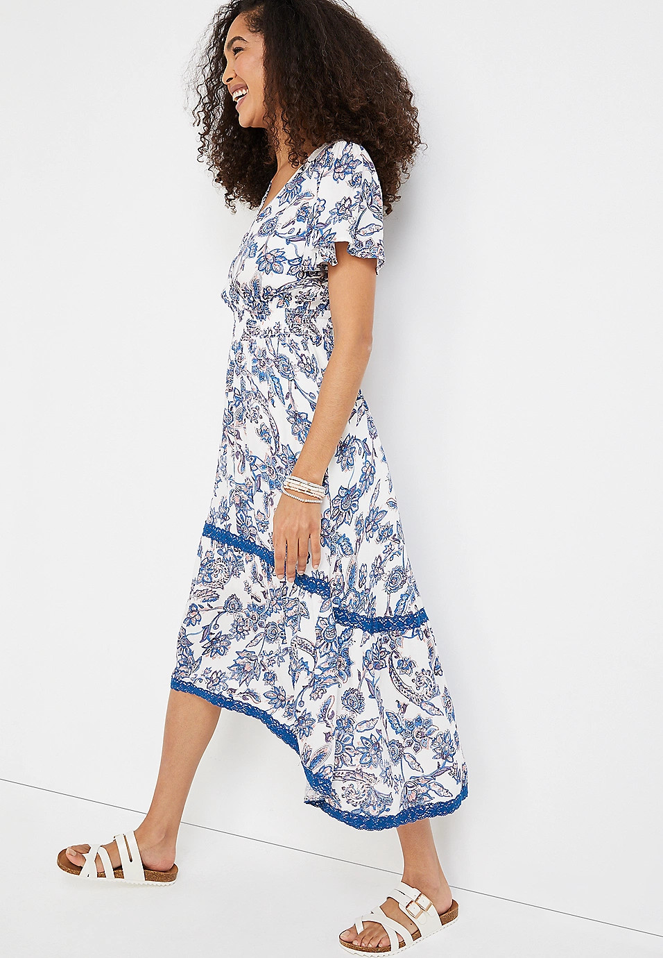 White Floral High Low Midi Dress | Maurices