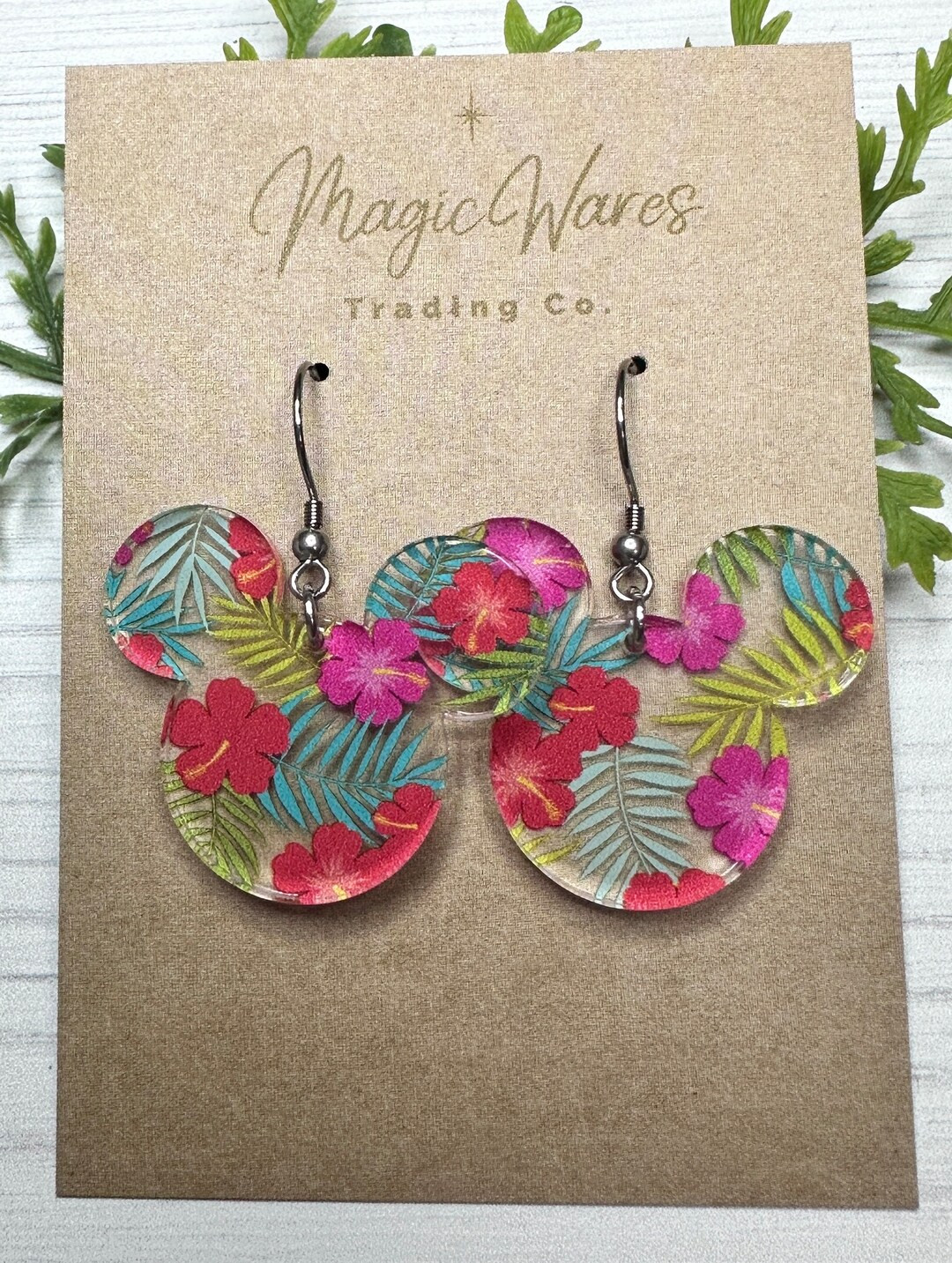 Red Hibiscus Mouse Laser Cut Earrings Red and Dark Pink Hawaiian Hibiscus Patterned Acrylic Dangl... | Etsy (US)