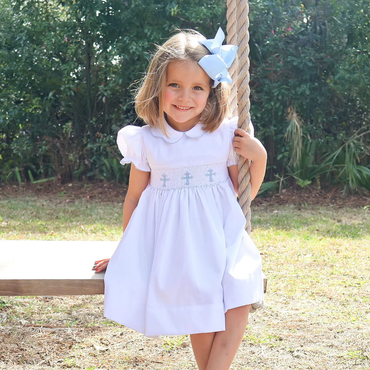 Blue Cross Smocked White Pique Collared Dress | Classic Whimsy