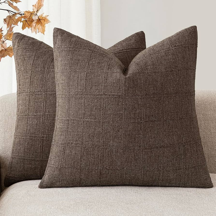 Foindtower Boho Linen Check Decorative Throw Pillow Covers 20\u00d720 Dark Brown | Amazon (US)