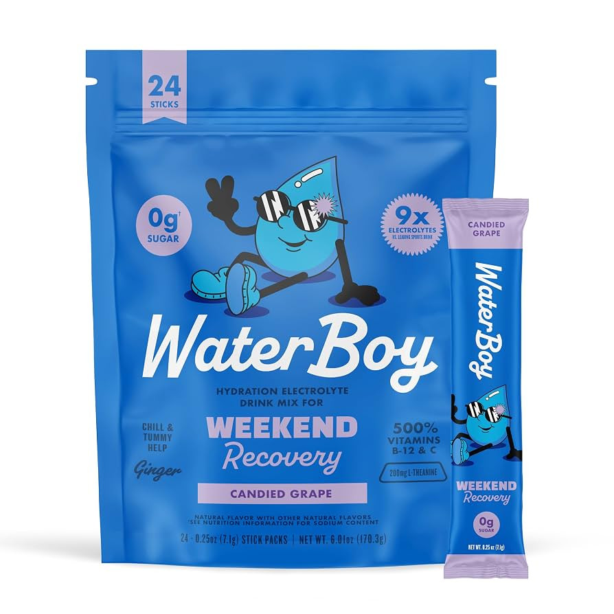 Waterboy Weekend Recovery | 3,187mg Electrolyte Powder Packets | Ginger + L-Theanine + Vitamins |... | Amazon (US)