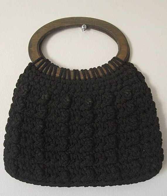 Vintage 70s Black Macrame Handbag / Purse with Double Wood Handles | Etsy (US)
