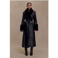 Bec Faux Leather Trench Coat With Faux Fur / Black | MESHKI | XXS | MESHKI US