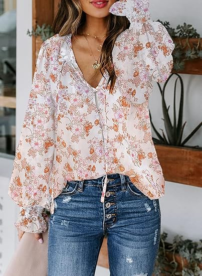 SHEWIN Women's Casual Boho Floral Print V Neck Long Sleeve Drawstring Tops Loose Blouses Button D... | Amazon (US)