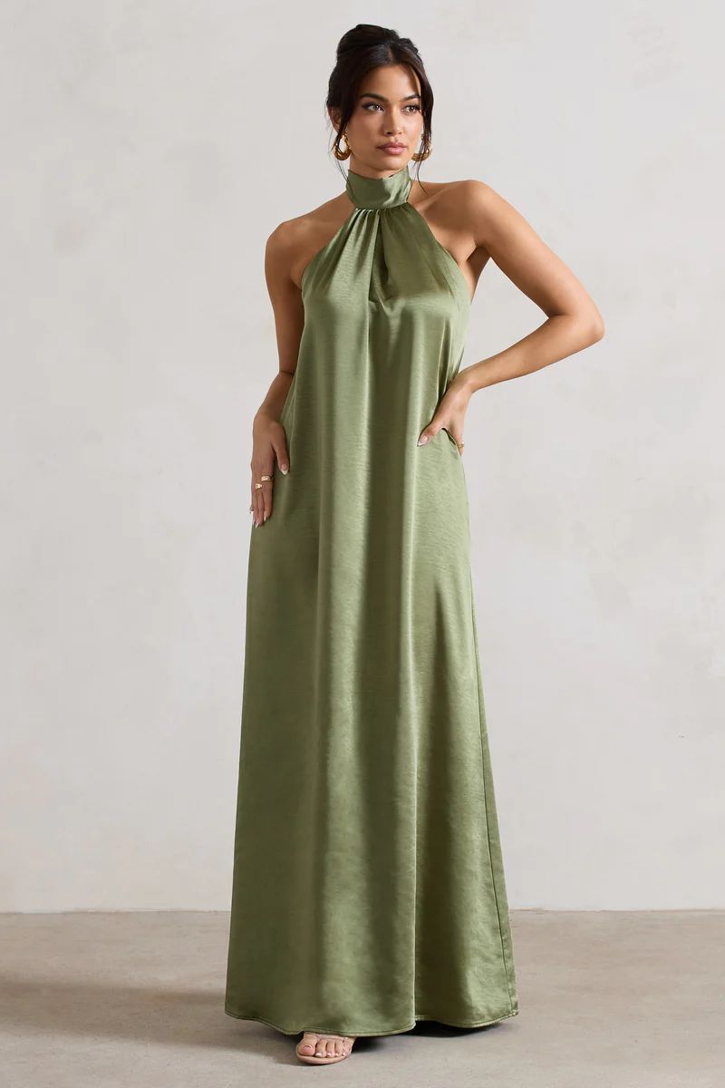 Gloriana | Olive Green Satin High-Neck Maxi Dress | Club L London