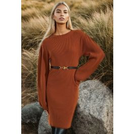 Lantern Sleeve Round Neck Ribbed Sweater Dress in Caramel | Chicwish